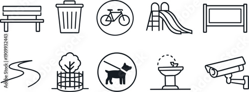 Collection of park amenity icons including bench, trash can, bike, slide, and security camera