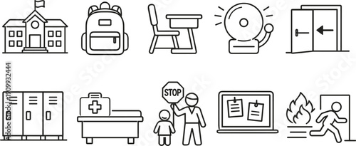 School safety icons depicting emergency preparedness and daily school life elements