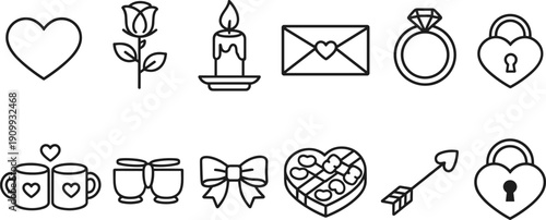 Collection of romantic Valentine's Day icons in a clean, modern line art style