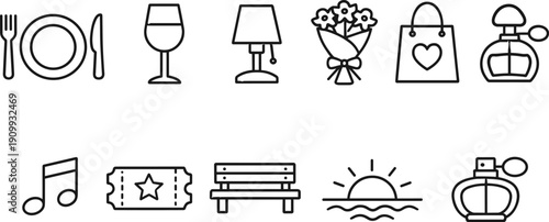 Collection of romantic and leisure icons for dating and special occasions