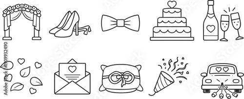 Collection of wedding icons including a cake, champagne, and wedding car