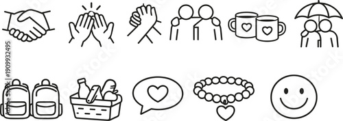 Collection of simple line art icons representing friendship, love, and support