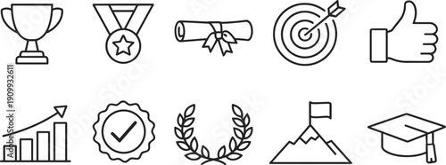 Collection of line art icons representing achievement, success, and goals
