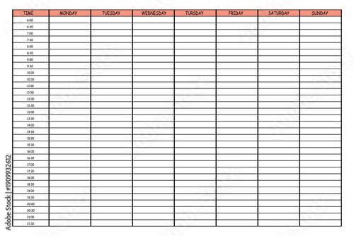 24 Hourly Weekly Schedule - Monday Start. Mockup for daily scheduling and time management. 30-minute increment hourly planner templates. Time Planner.