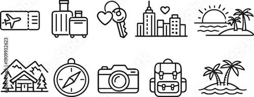 Collection of travel and vacation icons including airplane ticket, luggage, city, and island