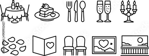 Romantic celebration icons for anniversary, wedding, or Valentine's Day dinner