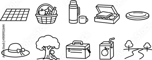 Collection of simple line art icons representing picnic elements and outdoor leisure activities