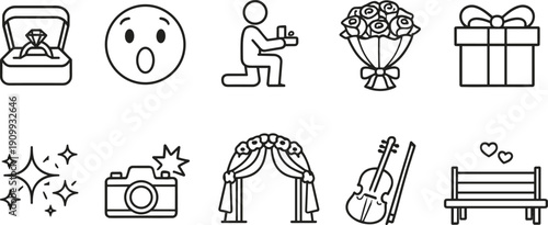 Collection of wedding and proposal icons including ring, bouquet, and arch