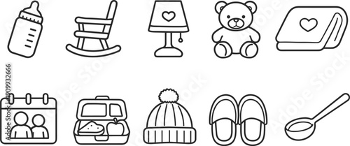 Collection of cute baby and child care icons with hearts and simple line art style
