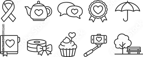 Collection of simple line art icons representing love, care, and everyday life moments