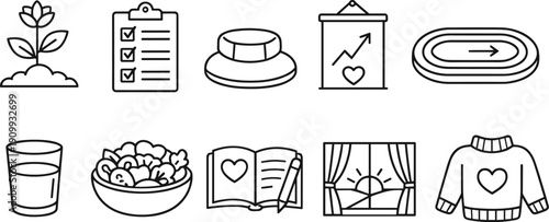 Collection of simple line icons representing healthy lifestyle and self-care activities