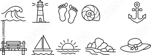 Collection of simple line art icons representing beach and ocean themes