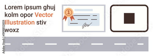 Validation processes, digital identity, logistics, transportation, navigation, business solutions. Certificate with ribbon, barcode and roadway. Validation processes and digital identity concept