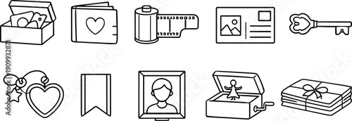 Collection of nostalgic and sentimental icons including a music box, film roll, and locket