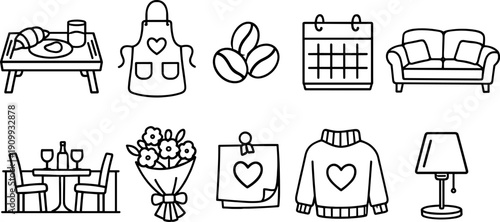 Collection of simple line art icons representing cozy home and romantic moments