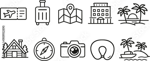 Collection of travel icons including airplane ticket, luggage, map, hotel, and island destinations