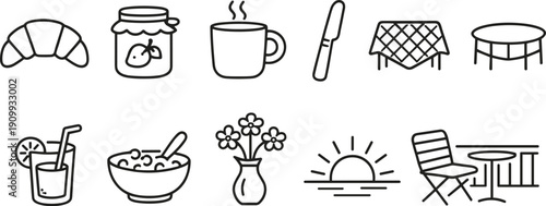Collection of simple line art icons representing breakfast and outdoor dining elements