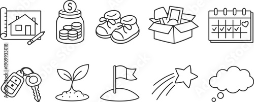 Collection of simple line art icons representing life milestones and goals