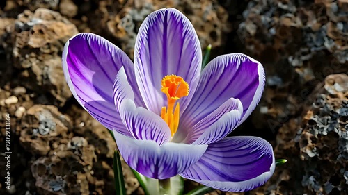 Purple Crocus Flower Blooming Outdoors with Rocks