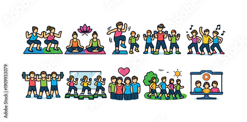 Fitness and wellness outline icon set. exercise, yoga, and group fitness icons.