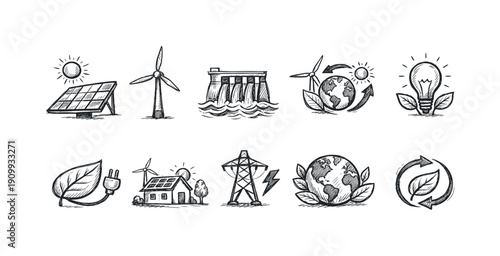 Eco-friendly energy icon set. renewable energy and sustainability linear icon collection.
