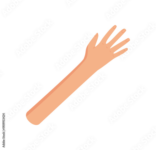 Flat colorful open hand with raised fingers. Creative human arm in symbolic gesture. Abstract cartoon shape for banners, templates, or poster designs in vibrant style.