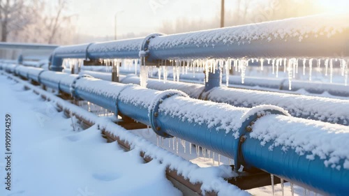 Frozen blue pipes covered in snow and icicles at an industrial site. Warm morning sunlight, winter atmosphere.