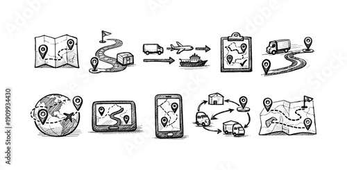 “navigation path silhouette icon set. maps, gps tracking, location icons collection”