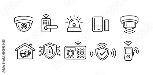 Security linear icon set. alarm, surveillance, protection, home security icons collection