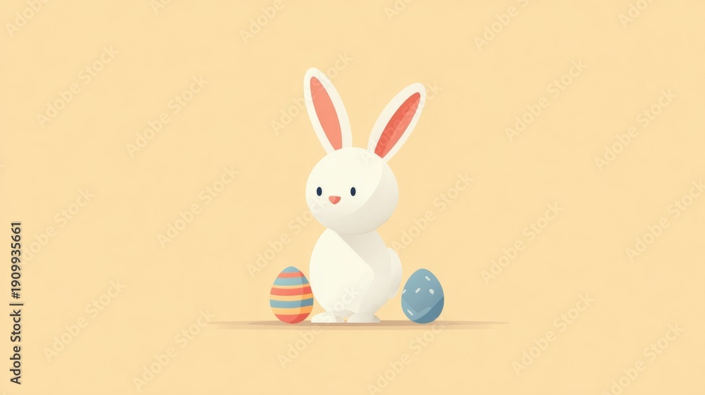 Fototapeta premium Cute easter bunny with colorful eggs on pastel background