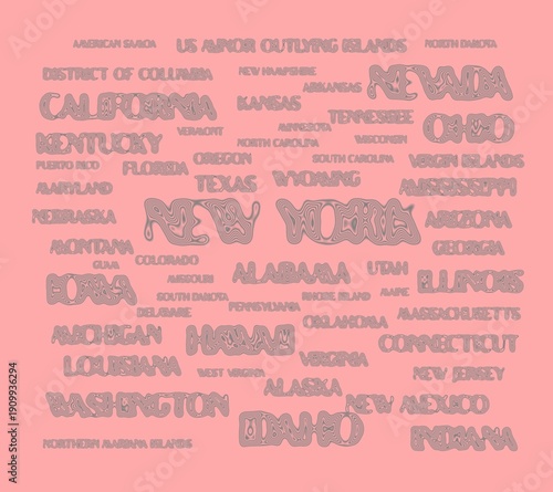 Names of all the U.S. states. The United States of America - USA states. New york, Idaho, Washington, California, Iowa, Hawaii, Indiana, Illinois, Nevada, Florida, Michigan...