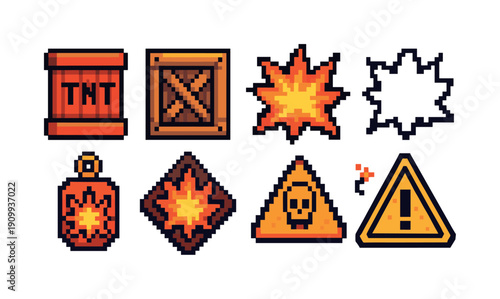 Explosion, hazard flat icon set. Warning, alert, caution signs in pixel art style