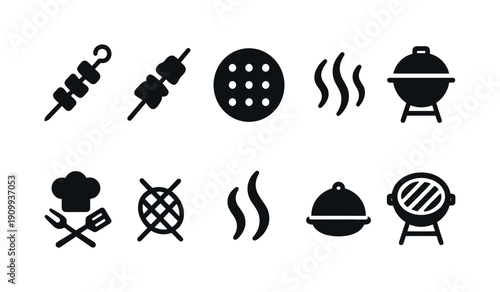 Barbecue, grill solid icon set. Picnic, cooking, food outdoor icons solid collection