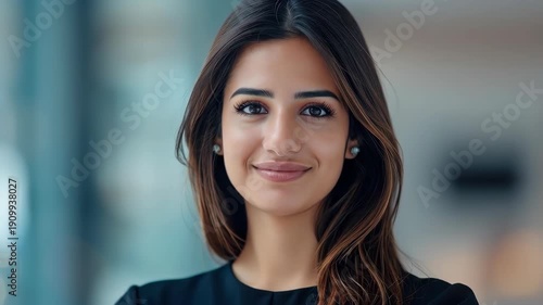 Confident Professional Portrait: An elegant woman in a business setting radiates confidence and poise, her warm smile hinting at a successful career path.