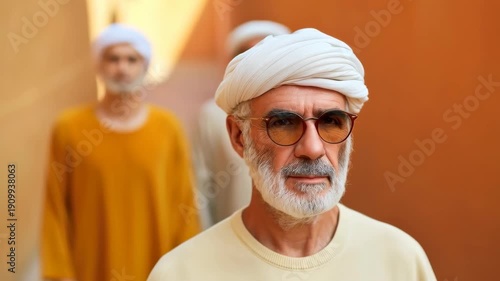 Visionary in Sunlight: An older man wearing sunglasses and a turban, embodying wisdom and cultural identity, stands in a sunlit passage, with two other men, suggesting leadership and heritage.