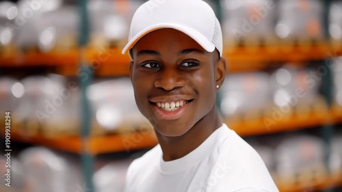 Joyful Young Individual: An attractive, confident young individual, adorned in a cap and shirt, radiates positivity with a captivating smile, set against a backdrop of organized displays. 