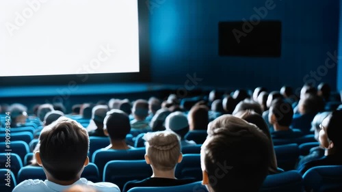 Movie Theater Experience: A packed movie theater audience sits engrossed, their eyes fixed on the blank screen, anticipation filling the air. This captivating shot captures the communal experience.