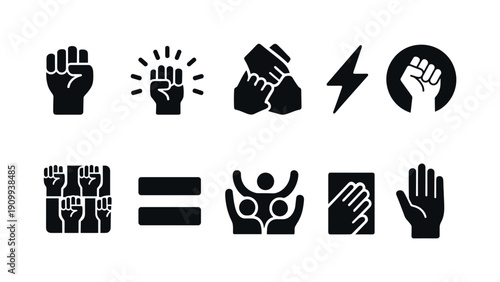 Protest and activism solid icon set. Black lives matter, equality, power symbols