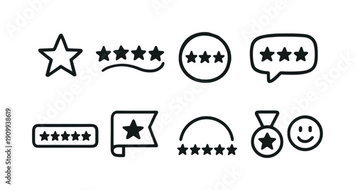 Rating and review line icon set. Feedback, star rating icons, outline style collection