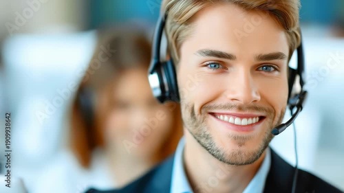 Smiling Support Agent: Capturing the image of a friendly, attentive support agent in a dynamic workplace environment. The agent, with a warm smile and headset, embodies customer service excellence.
