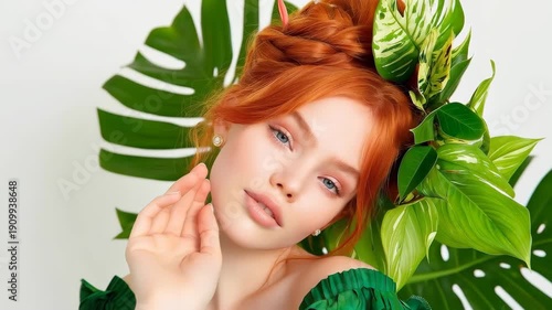 Red-Haired Beauty Embracing Nature's Embrace: A radiant young woman with flowing red hair is intertwined with lush green foliage, her delicate touch conveying a connection with the natural world.