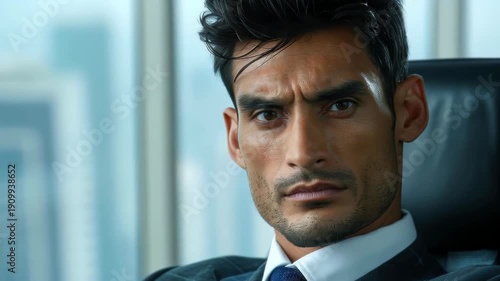 Intense Focus: A serious man embodies professionalism and determination, his gaze fixed forward as he navigates the demanding landscape of high-stakes business