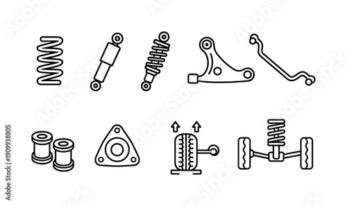Automotive parts outline icon set. Car components, vehicle maintenance icons collection.