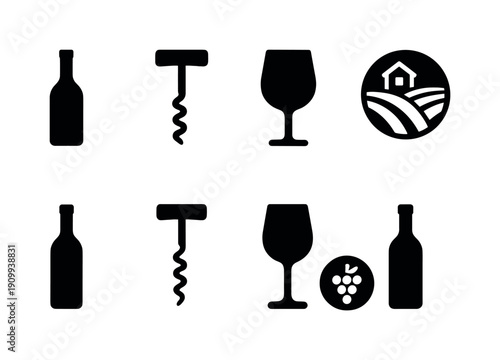 Wine and vineyard solid icon set. Bottle, corkscrew, glass, winery essentials collection