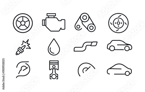 Automotive maintenance line icon set. Cars, engines, tools line illustration icons.