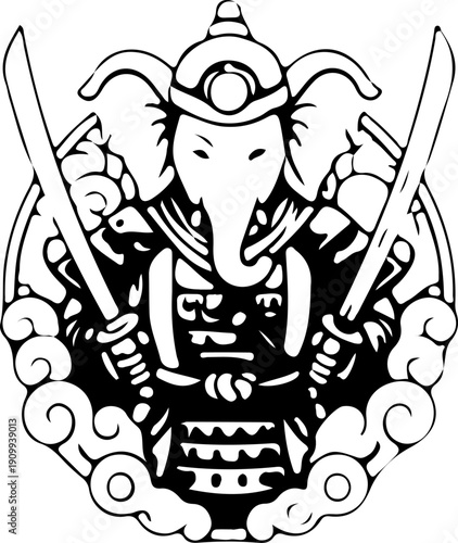 Detailed Asian Tattoo Style Illustration Collection with Samurai Warrior, Sacred Buddha, Geisha and Mythological Beasts 