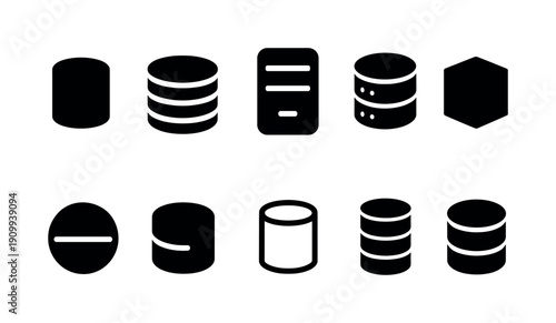 Database silhouette icon set. Simple disk, storage symbols silhouette collection