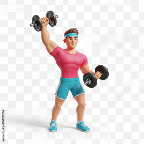 A cartoon man lifting dumbbells in a fitness pose with a transparent background