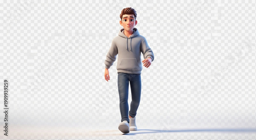 A 3D cartoon illustration of a young man walking on a transparent background