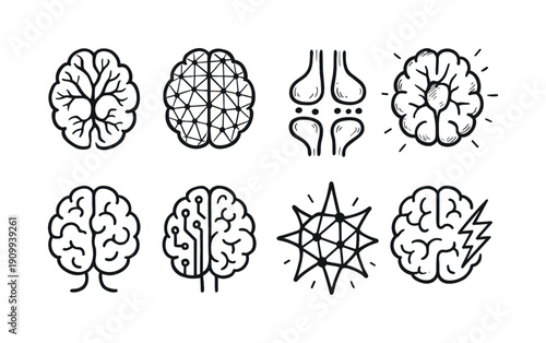 Brain, neuroscience linear icon set. Mind, neurons, synapse, technology outline designs